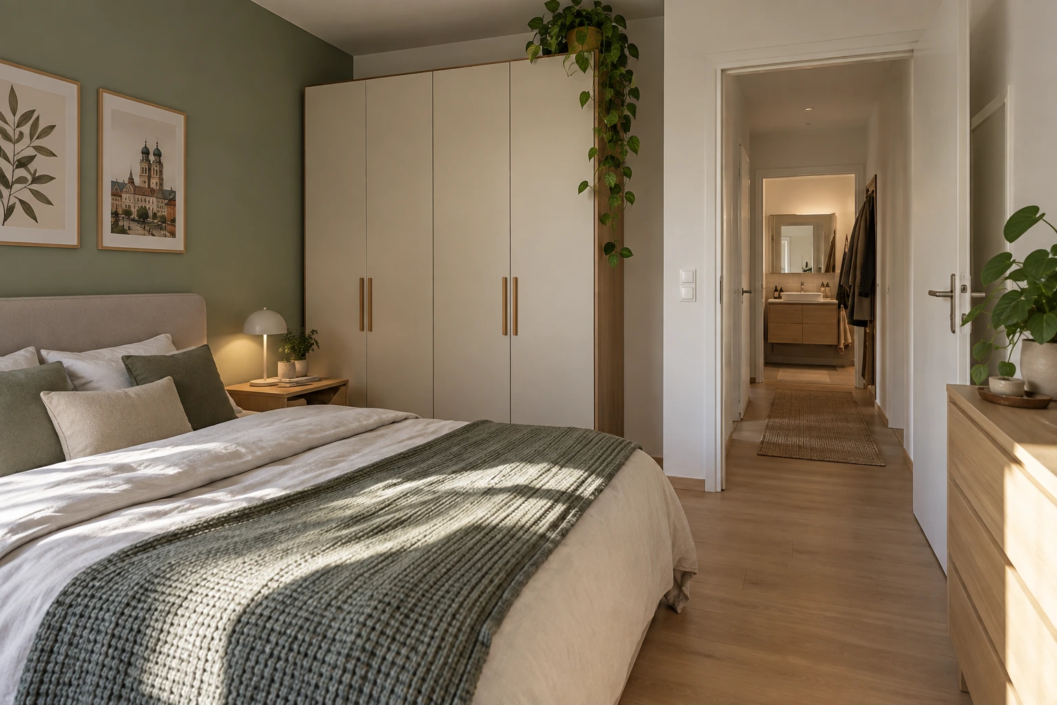 Wieder eingerichtetes Schlafzimmer nach abgeschlossener Wandmodernisierung