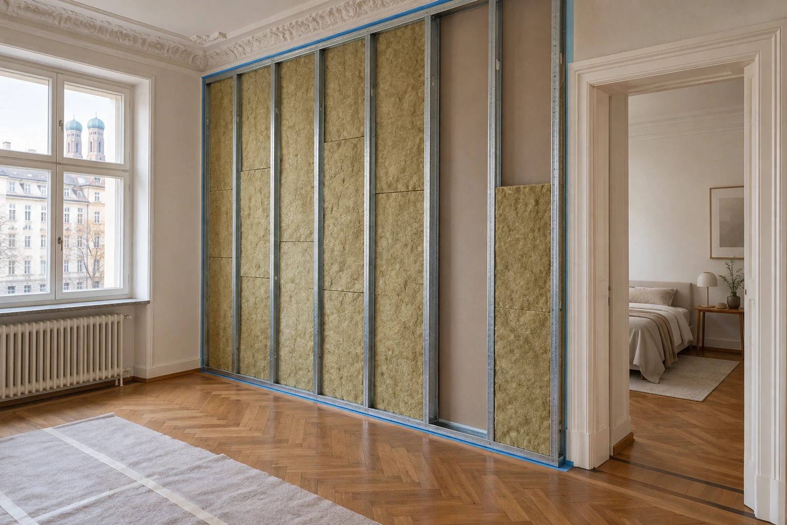 Entkoppeltes Ständerwerk mit Dämmstoff vor der Schlafzimmerwand