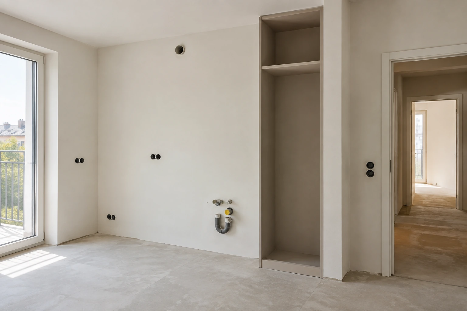 Küchenwand mit ursprünglicher Schranknische und bisherigen Anschlüssen