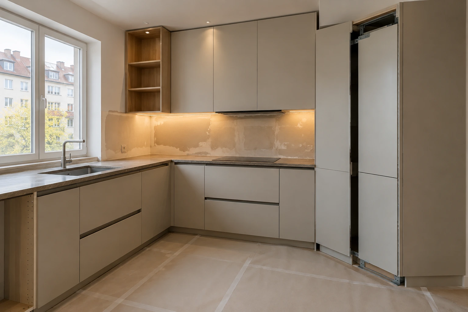 L-Küche während Montage neuer Fronten, Arbeitsplatte und Hochschrank