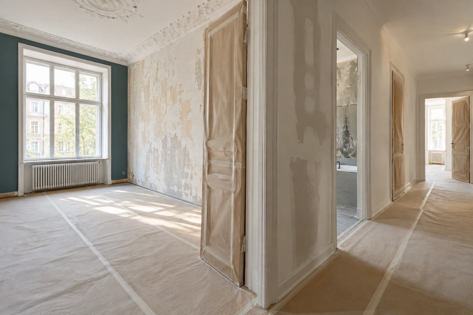 Geschützte Böden und vorbereitete Wandflächen einer Altbauwohnung