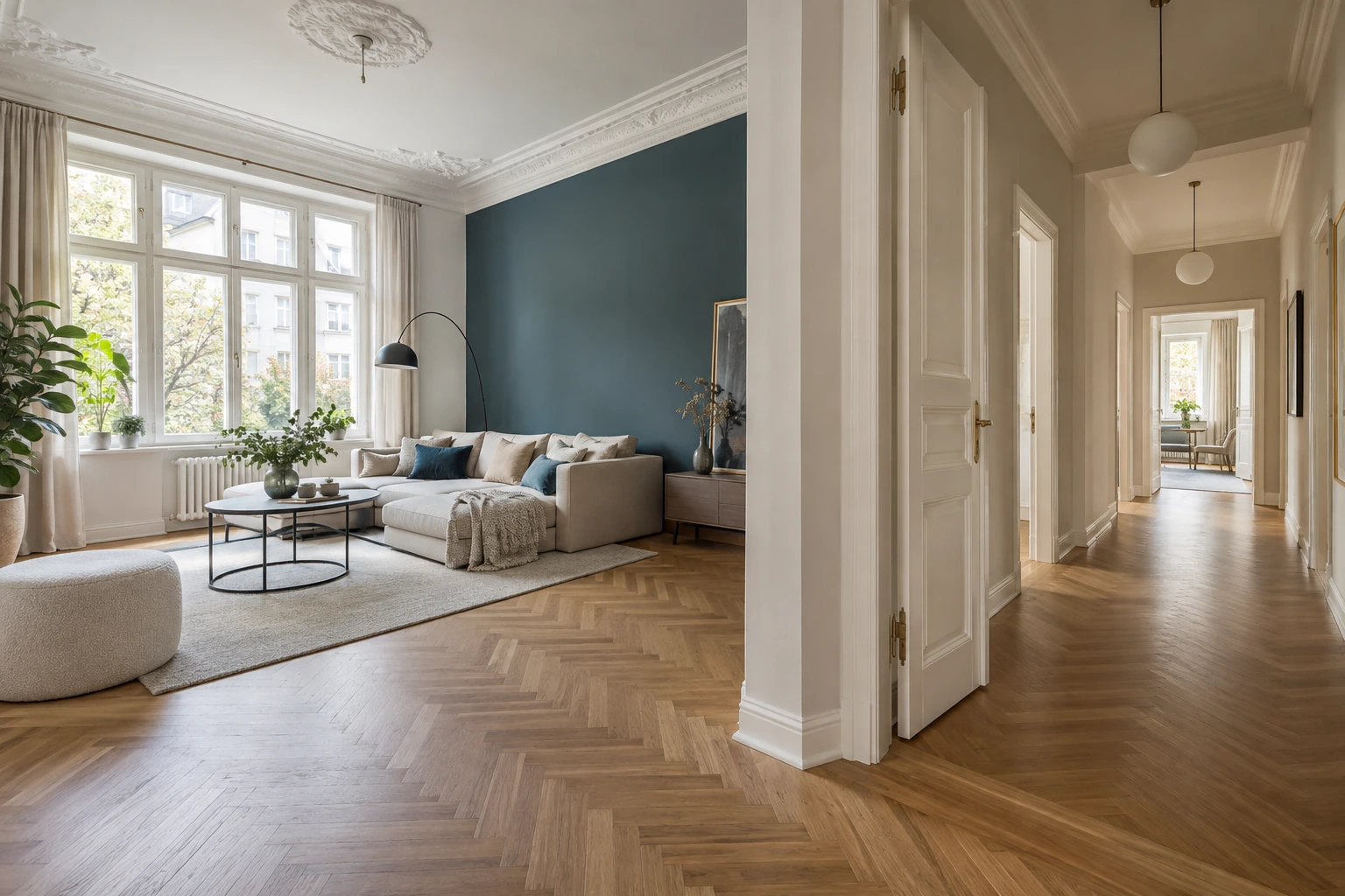Fertig gestrichene Altbauwohnung mit gleichmäßigen Flächen und Akzentwand