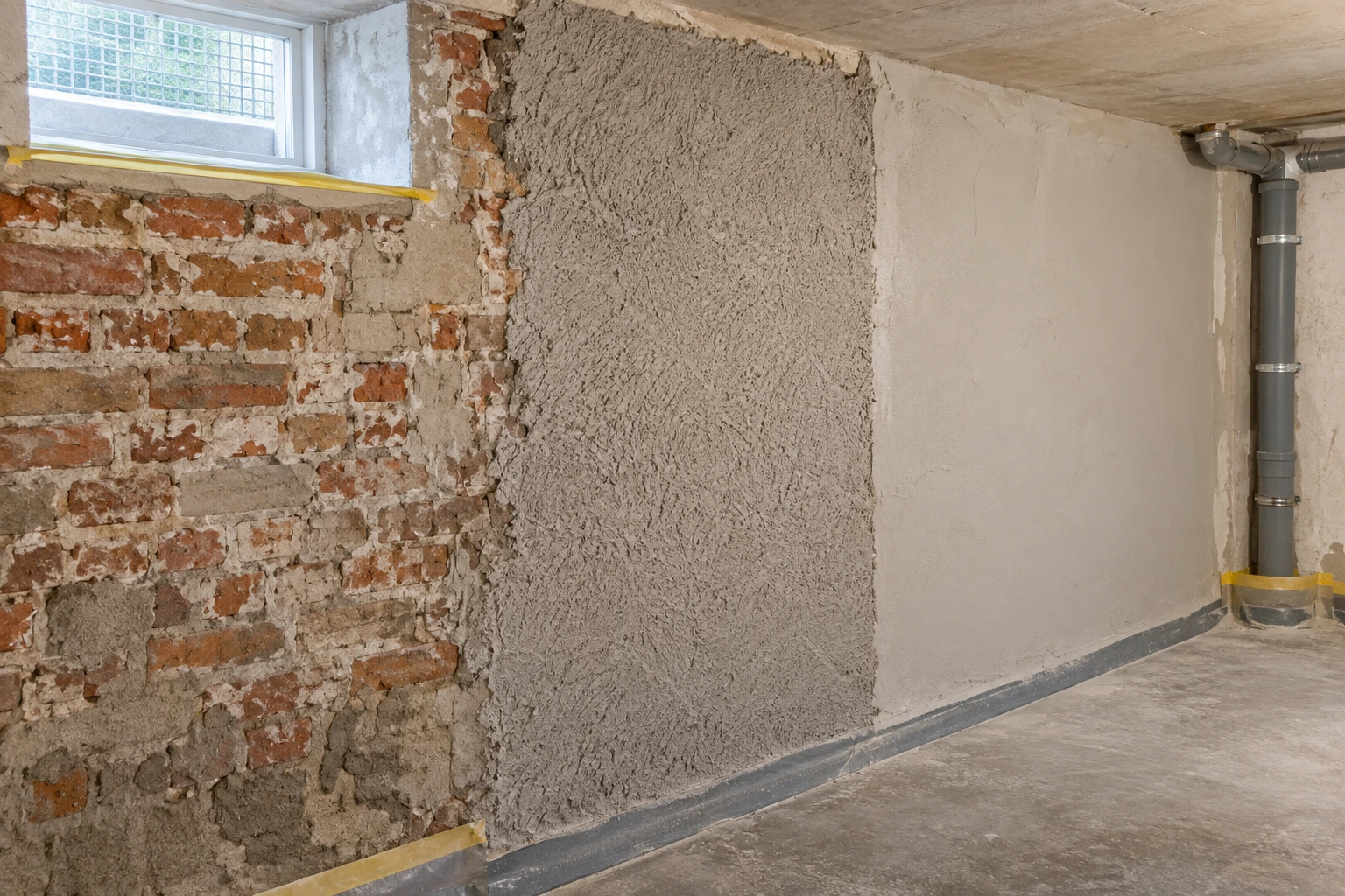 Sanierputzauftrag in mehreren Arbeitsständen auf vorbereitetem Mauerwerk