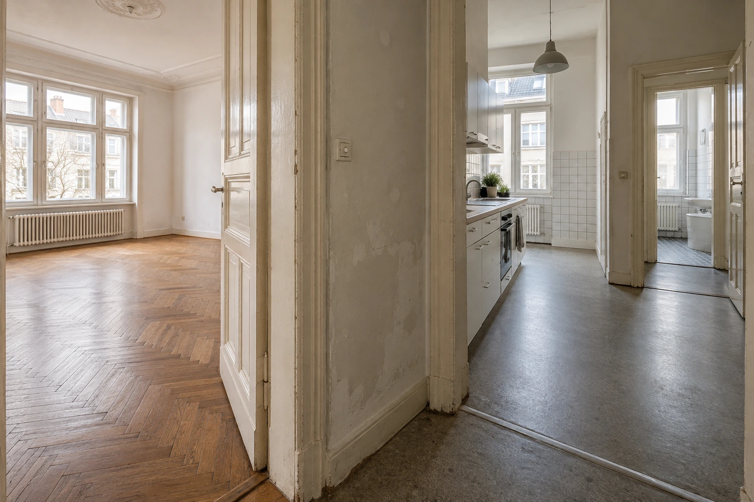 Wohnung im Bestand mit Parkett, beanspruchter Flurwand, Küchenboden und Badzugang