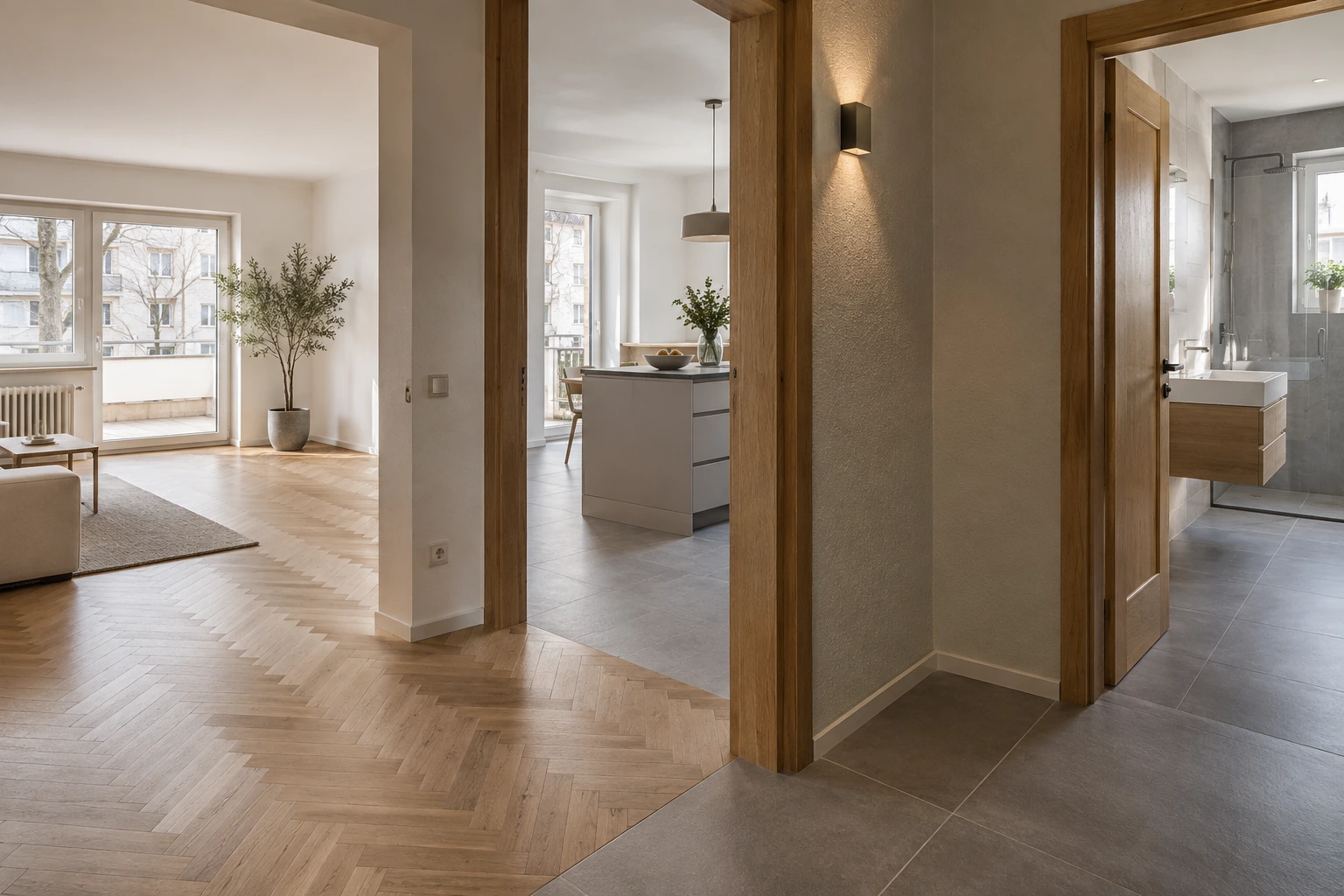 Abgestimmte Wohnung mit Parkett, Küchenboden, strukturierter Flurwand und Badoberfläche