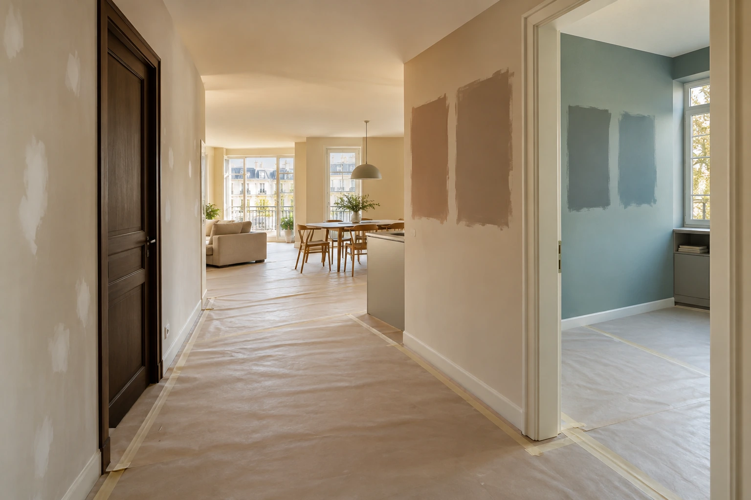 Vorbereitete Räume mit Farbmusterflächen an Esswand und Arbeitszimmer