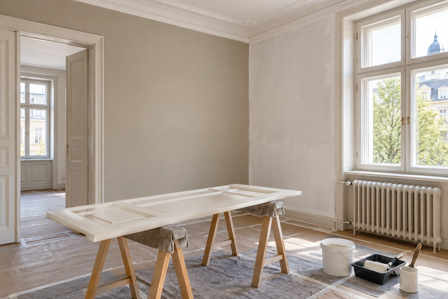 Altbauraum während der Beschichtung von Wand, Holztür und Heizkörper