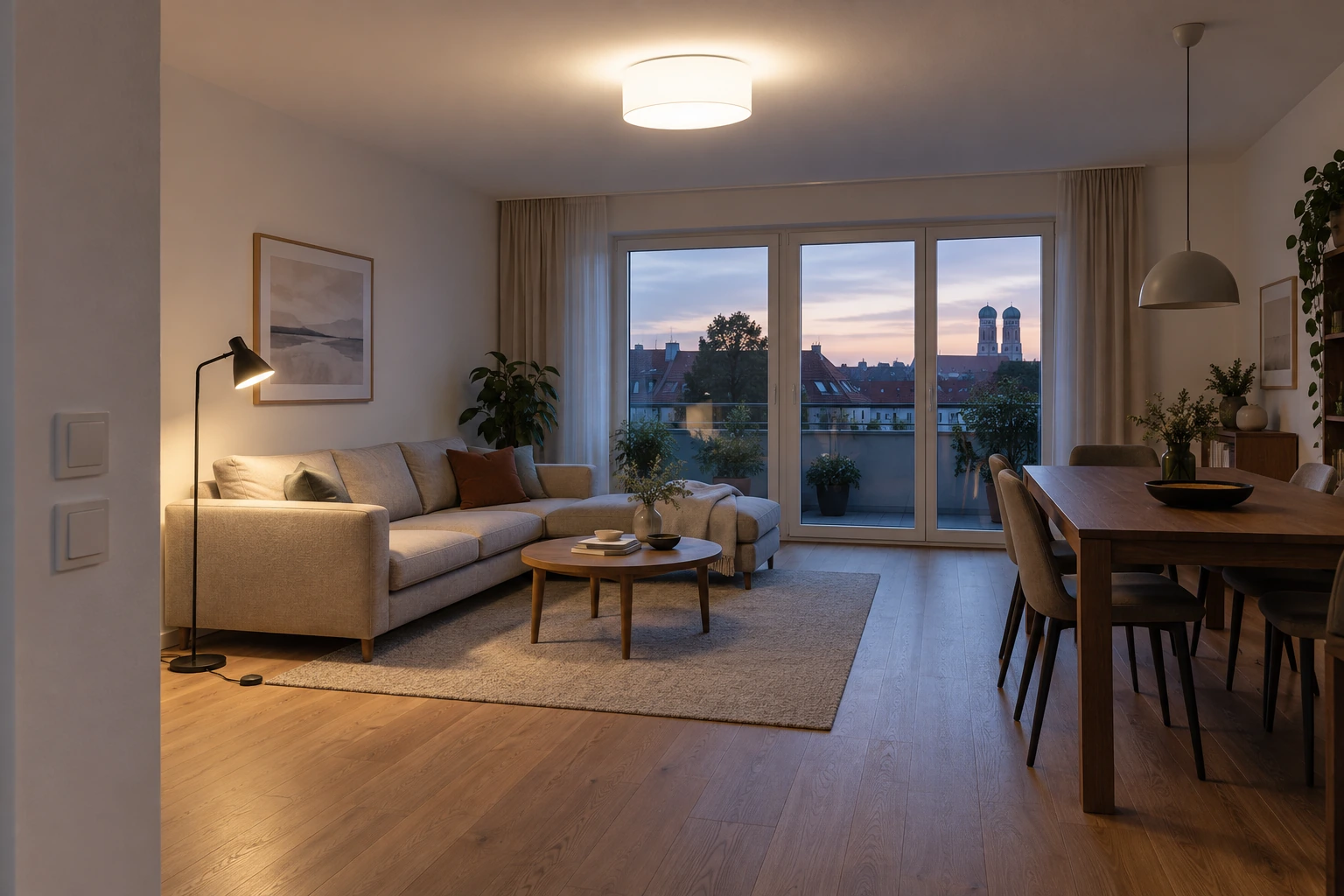 Wohnraum im Bestand mit zentralem Grundlicht und getrennten Einzelleuchten