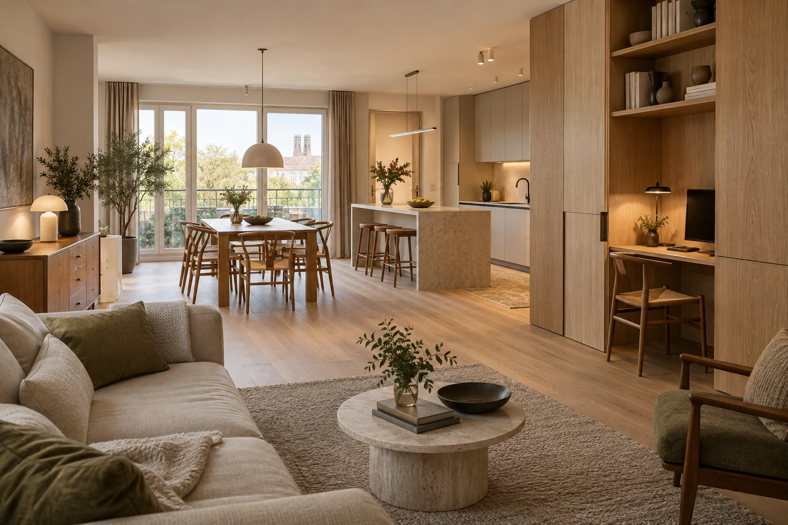 Fertig gestaltete Wohnung mit harmonischen Materialien und integrierten Einbauten