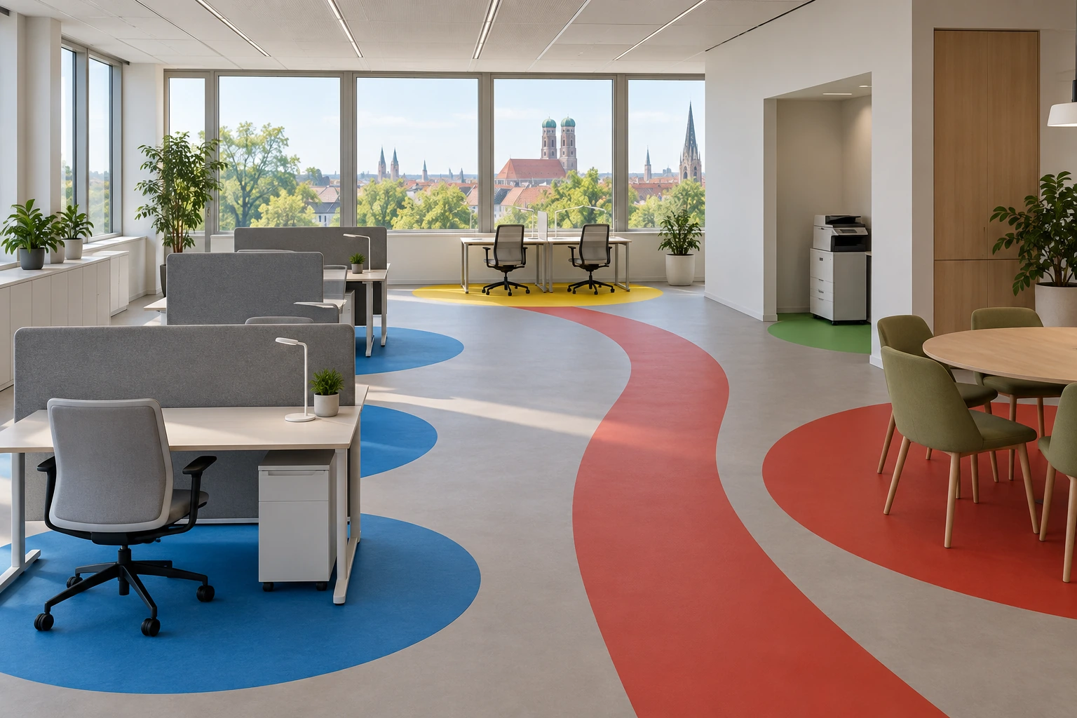Büro beim Zonierungstest mit versetzten Fokusplätzen und freiem Hauptweg