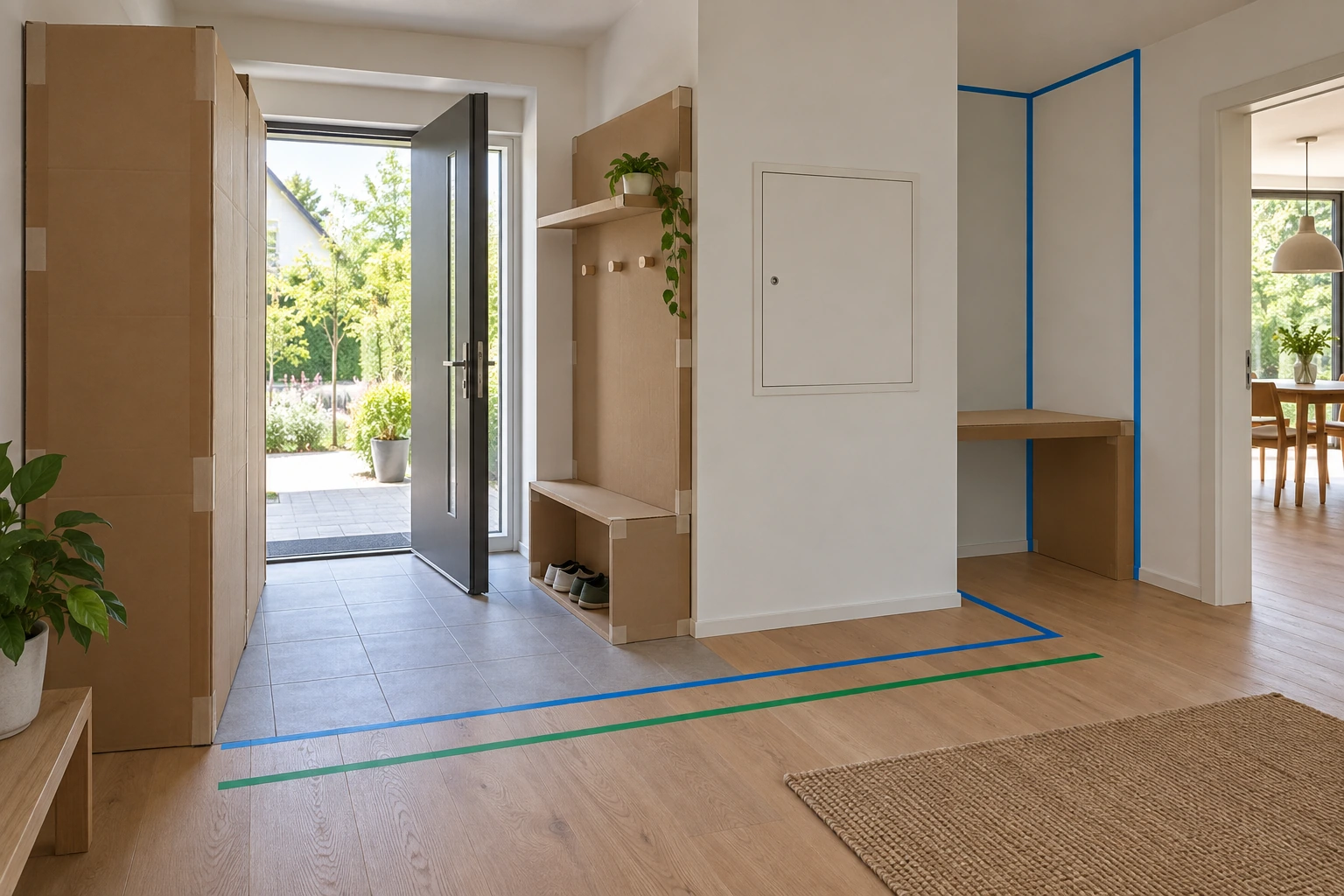Stellprobe für tiefe und flache Garderobe sowie künftigen Möbelplatz