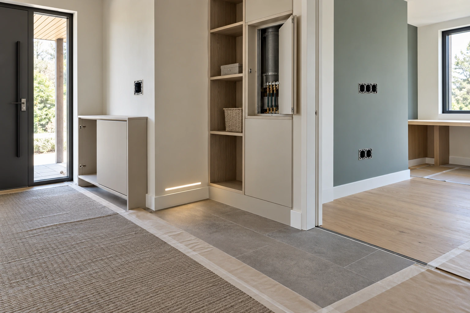 Koordinierter Einbau von Garderobe, Servicezugang, Licht und Bodenübergang