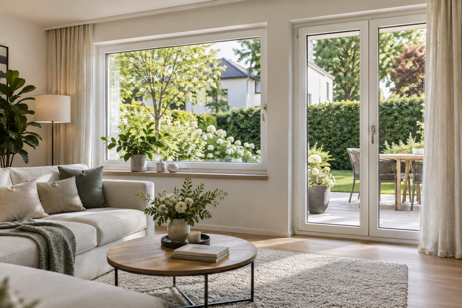 Fertig nachgerüstete Fenster und Terrassentür in einem hellen Wohnraum