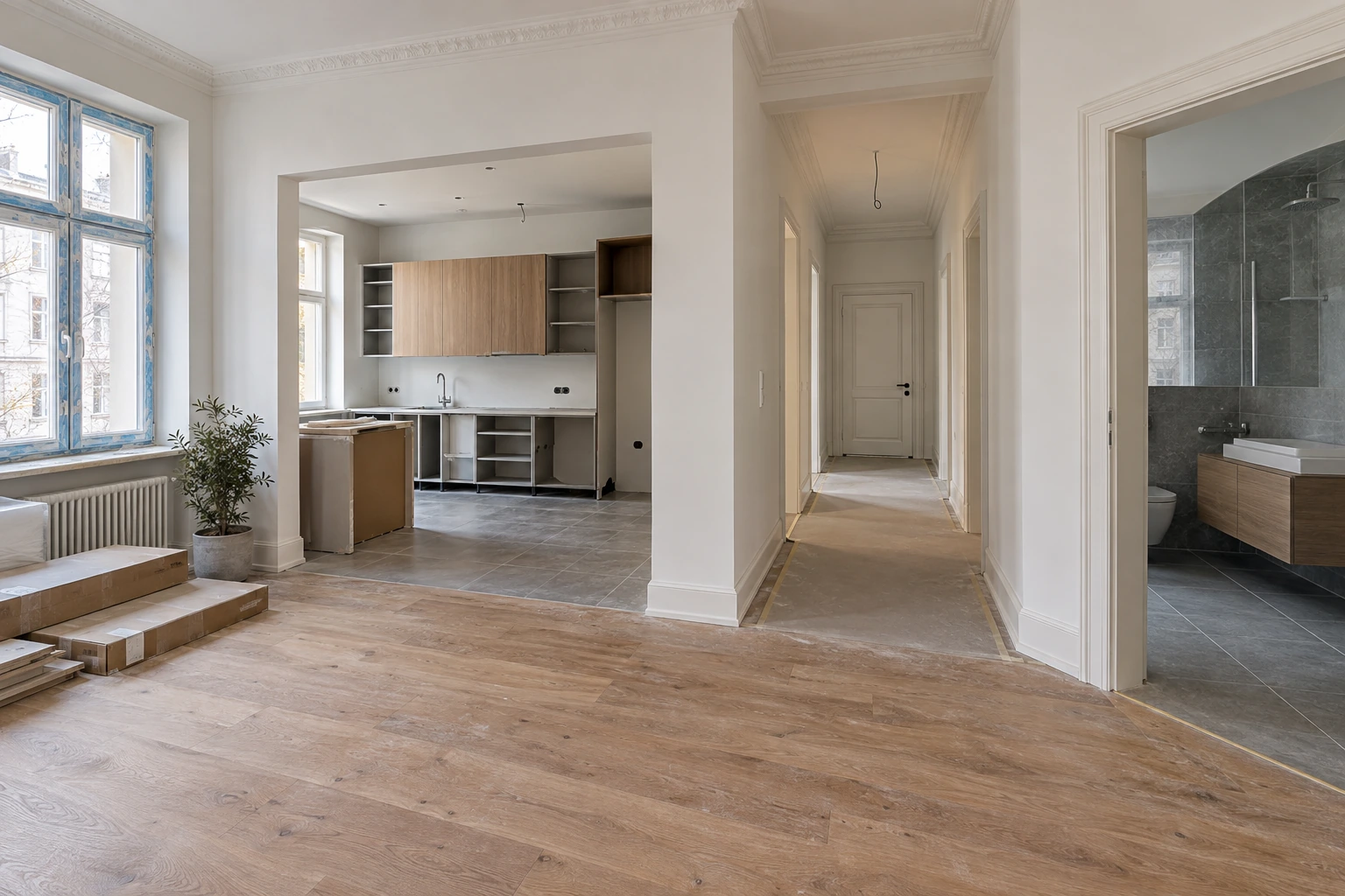 Altbauwohnung mit Baustaub, Schutzfolie und unvollständiger Küche vor Reinigung