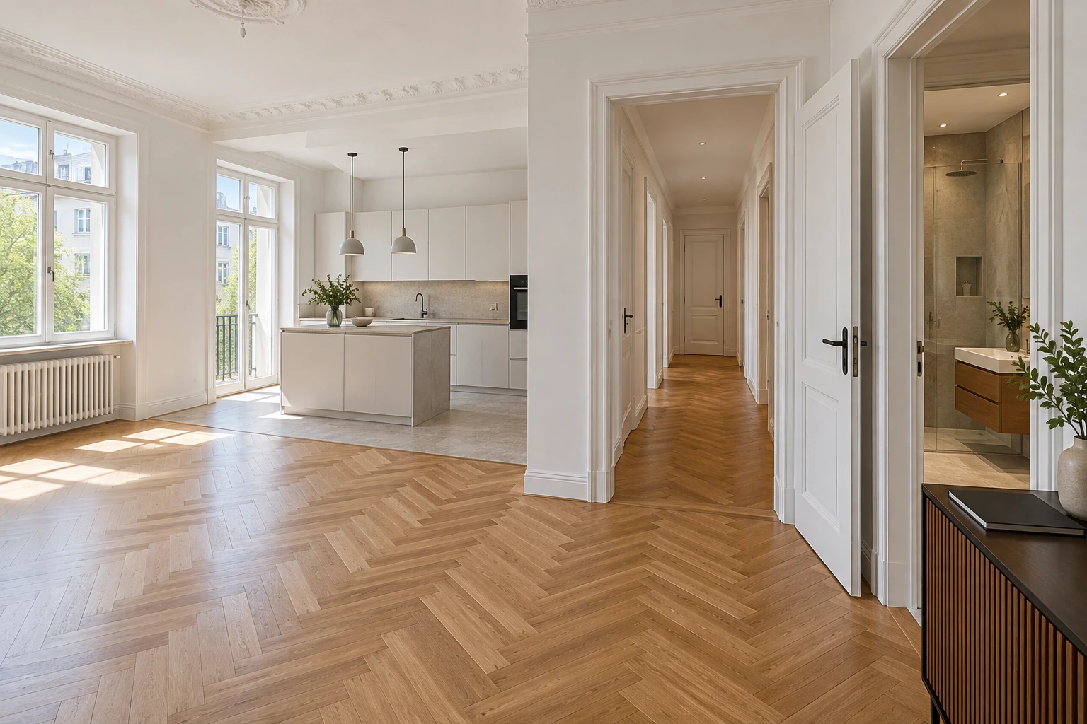 Final gereinigte Altbauwohnung mit sauberen Böden, Fenstern und Einbauten
