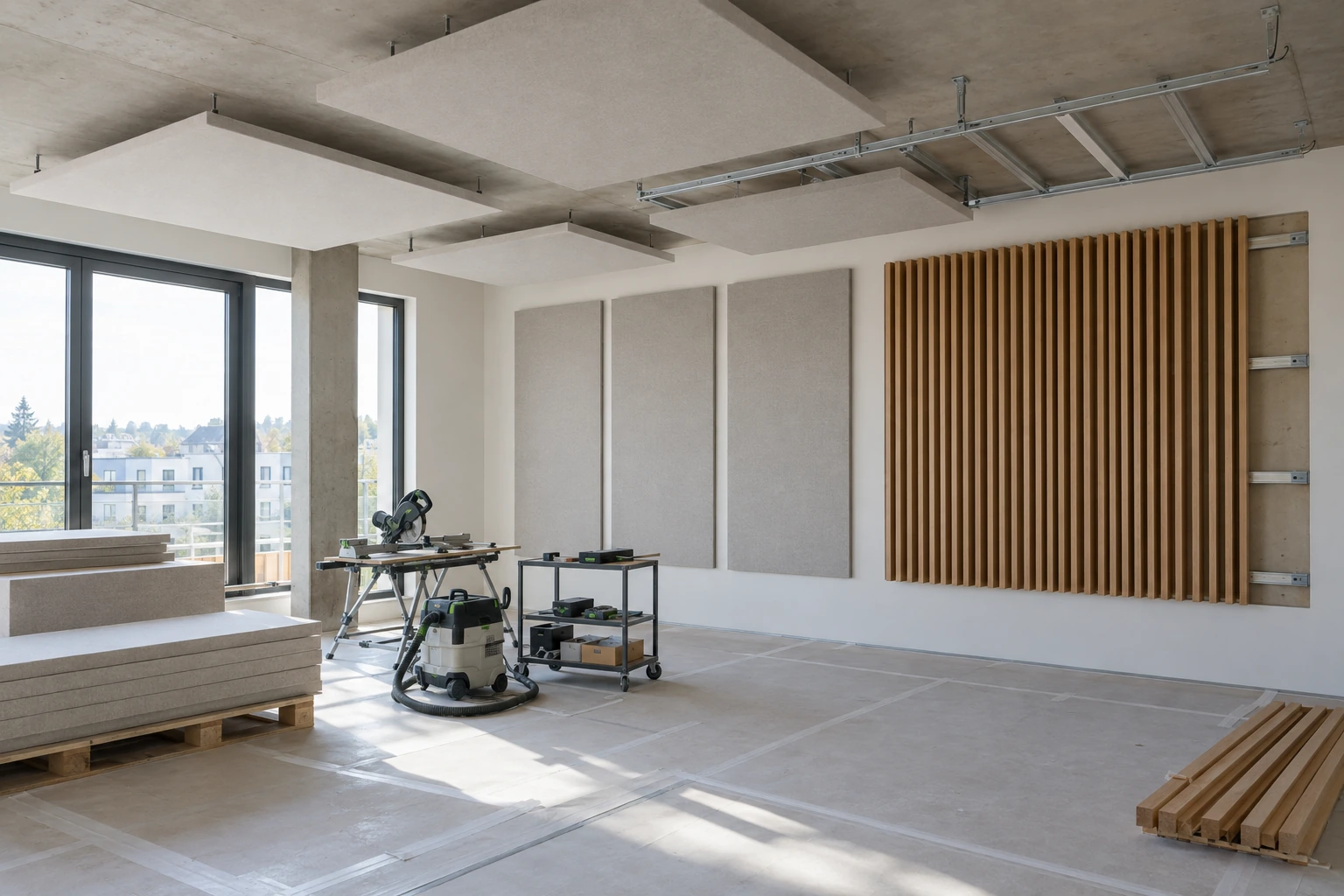 Montage von Deckenabsorbern, Wandpaneelen und Holzlamellen im Wohnraum