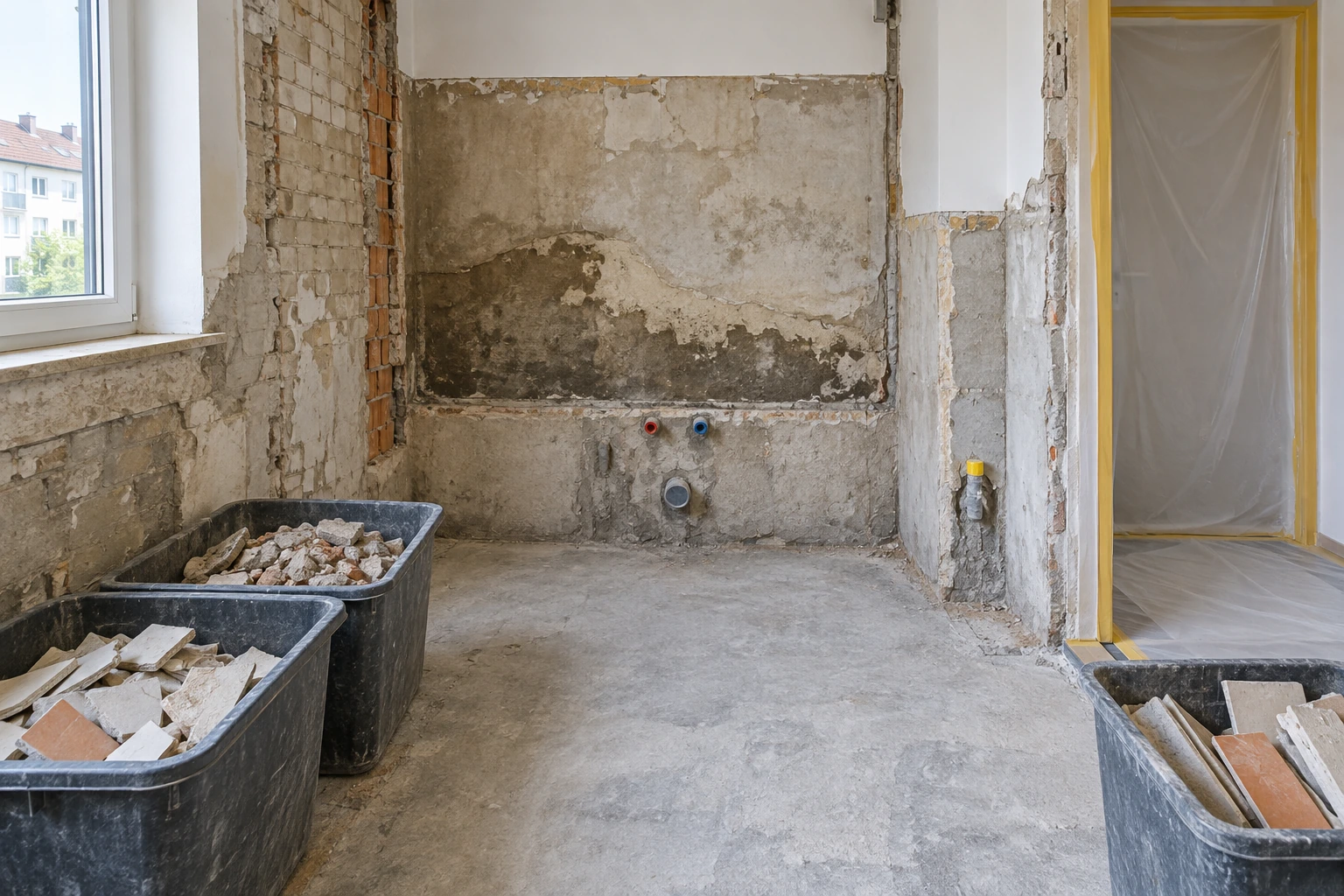 Bad nach Rückbau mit freigelegtem Untergrundbefund hinter der alten Wanne
