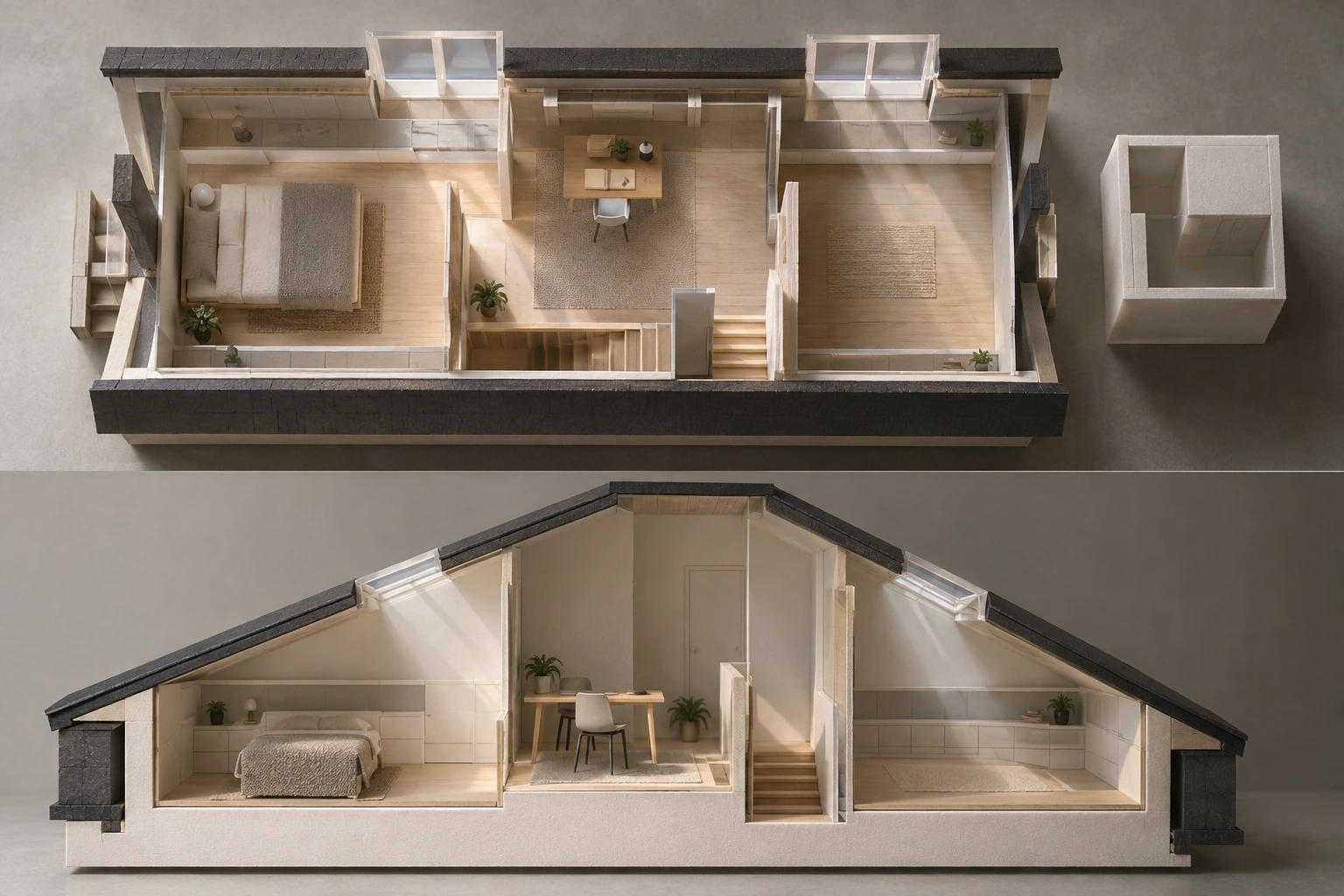 Dachgeschossmodell mit Arbeitszimmer, Gästebereich, Stauraum und freigehaltenen Anschlüssen