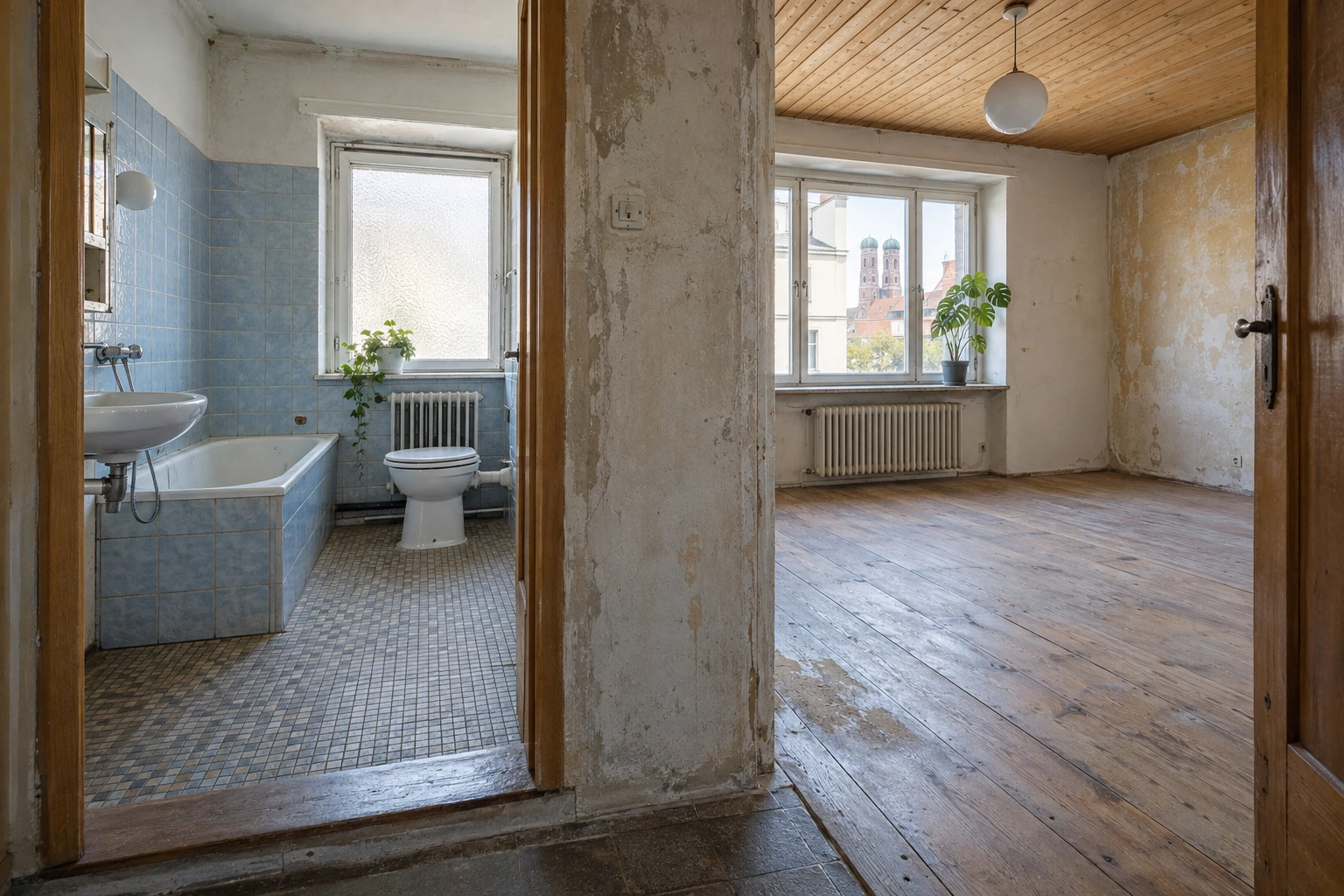 Hypothetischer Wohnungsbestand mit alten Fliesen, unebenen Wänden und erhaltenem Holz