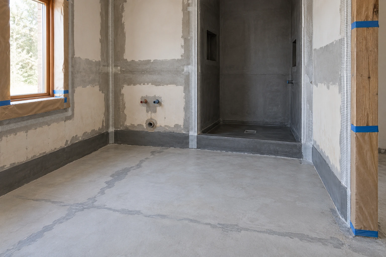 Vorbereitete Wand- und Bodenflächen mit reparierten Rissen und verstärkten Anschlüssen