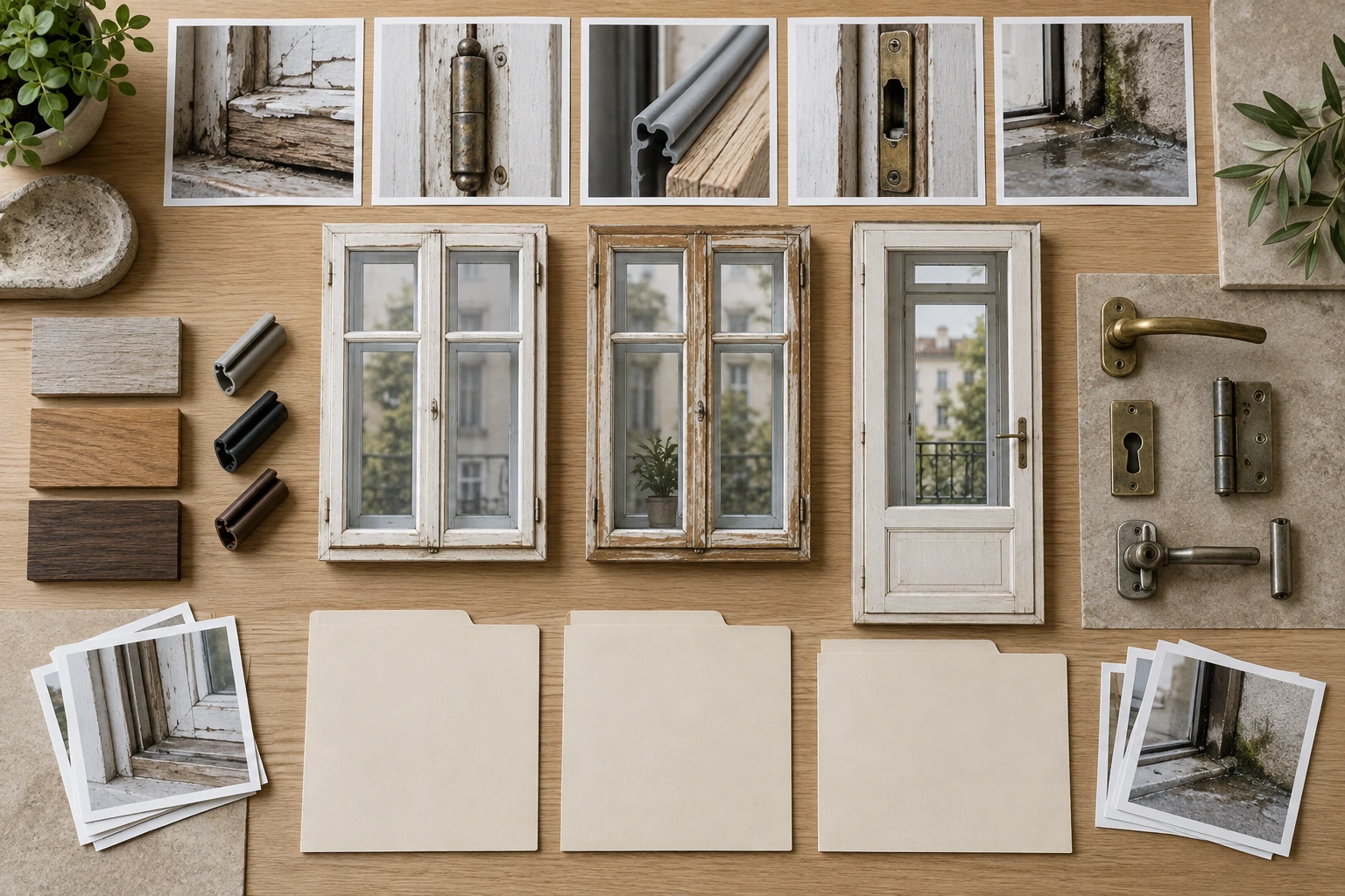 Elementinventur mit zwei Holzfenstern, Balkontür, Zustandsfotos und Materialmustern