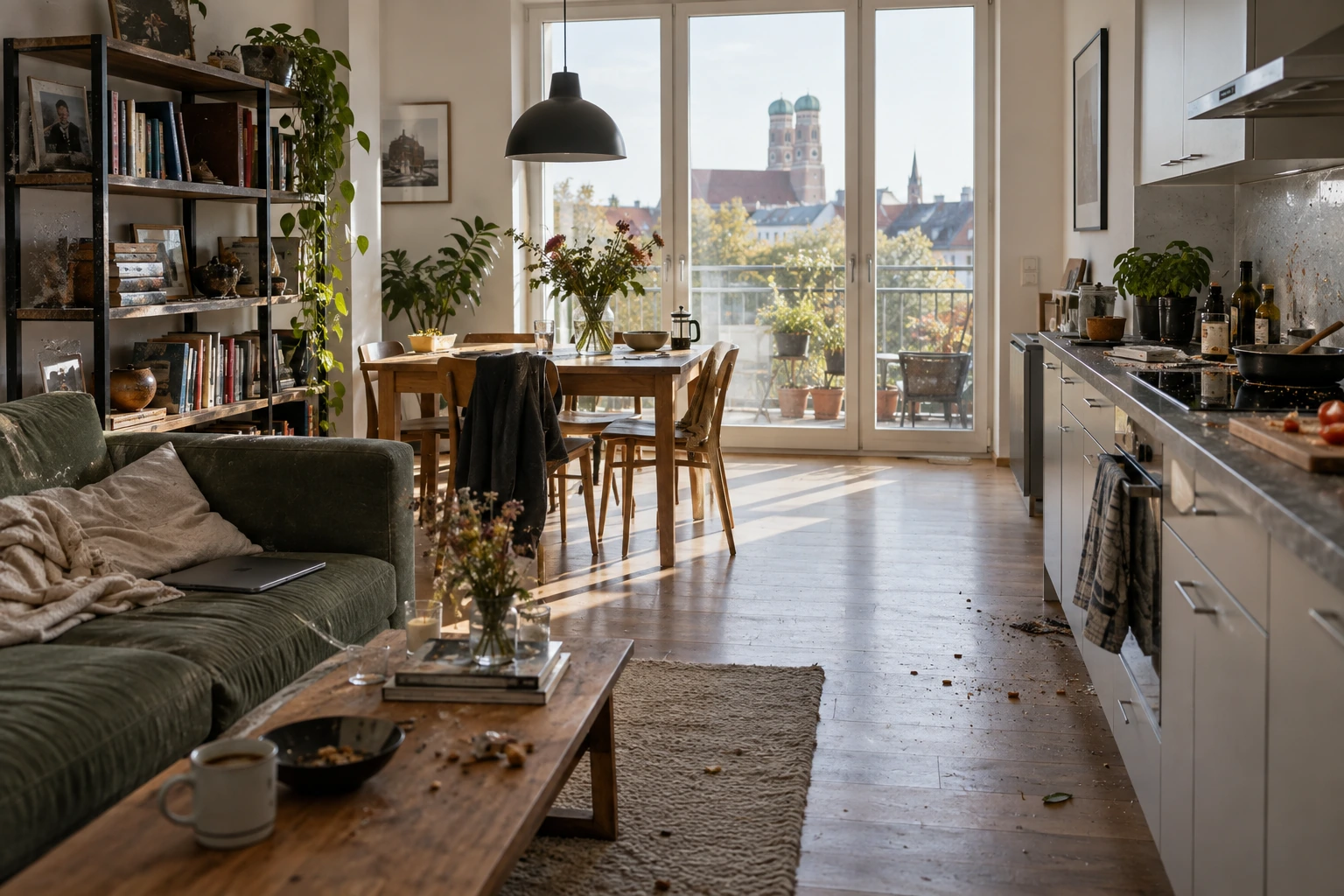 Hypothetische bewohnte Wohnung mit Staub, Küchenspuren und Bodenverschmutzung vor der Reinigung