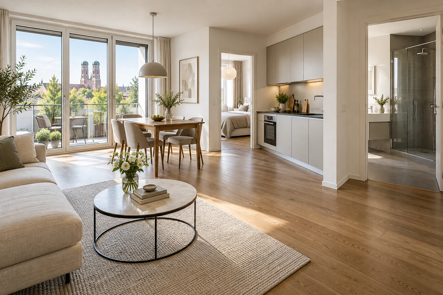Fertig gereinigte Münchner Wohnung mit streifenfreiem Glas und sauberen Oberflächen