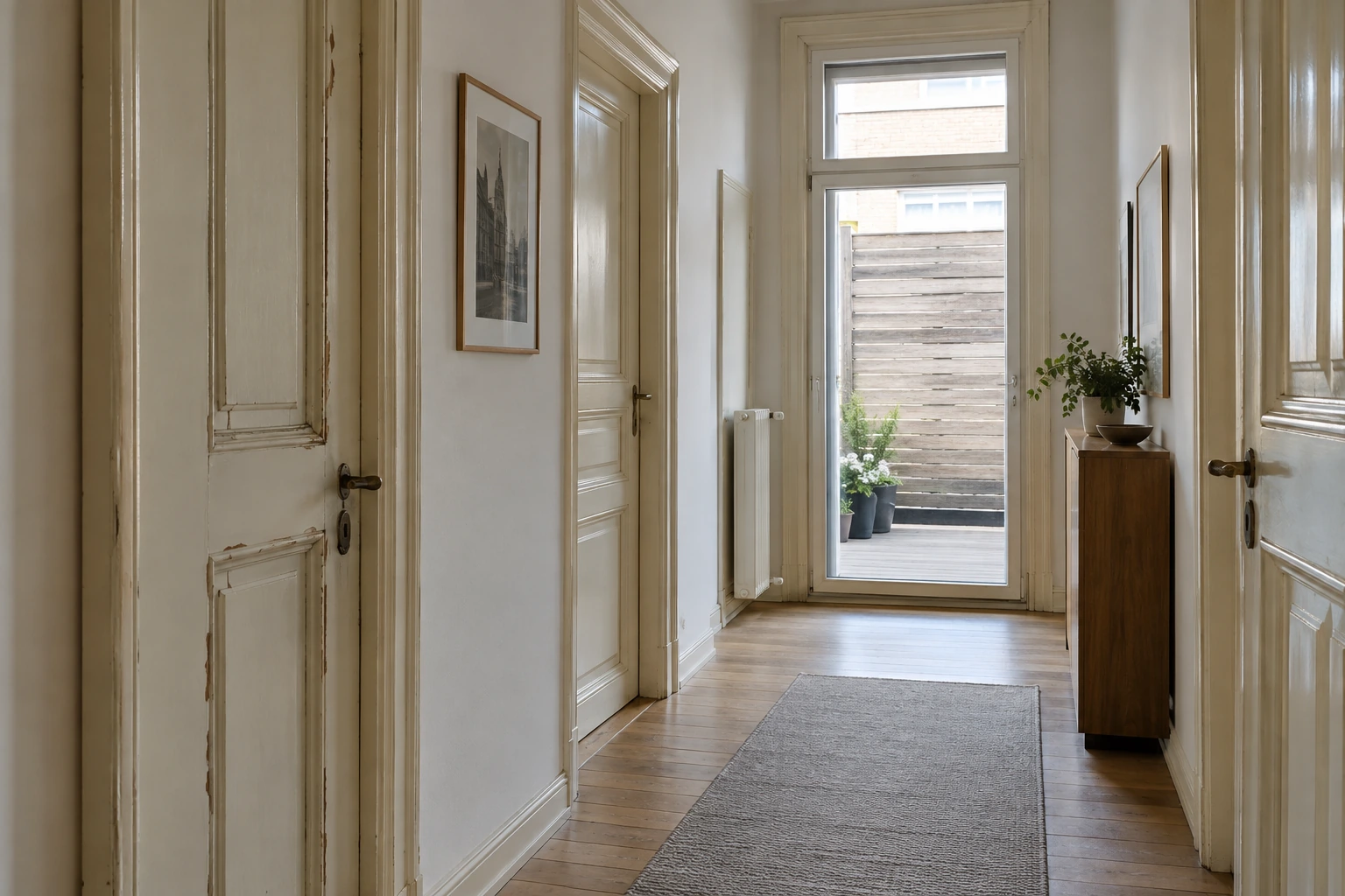 Hypothetischer Bestand mit abgenutzten deckend gestrichenen Innentüren und verwittertem Holzscreen auf einem überdachten Balkon