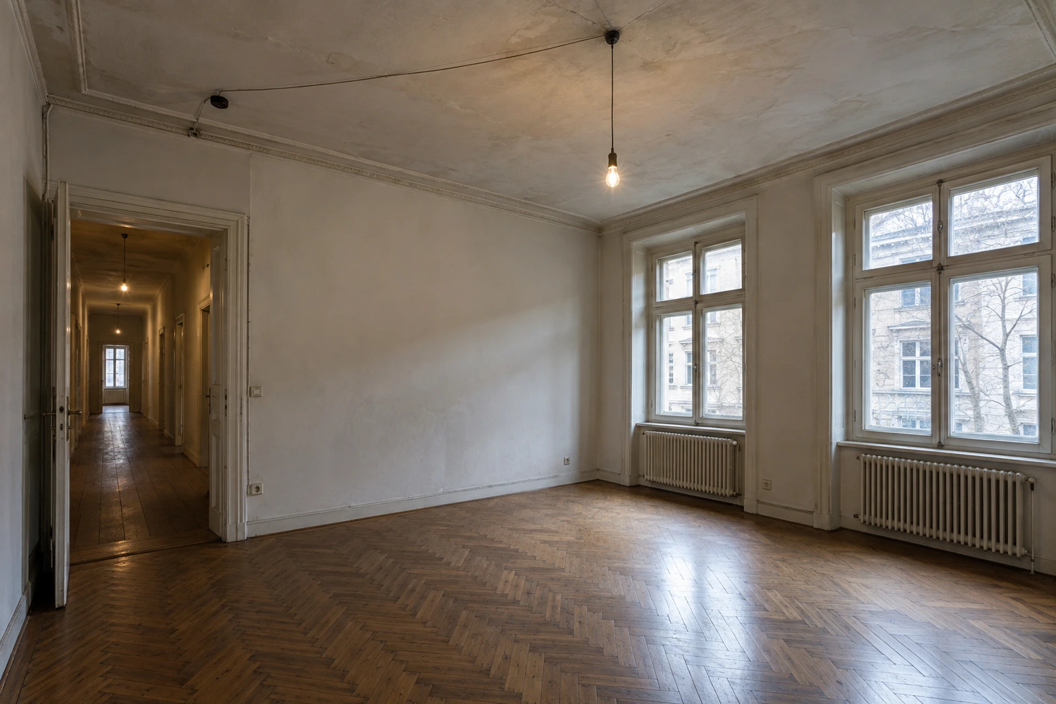 Hypothetischer Münchner Altbauraum mit unebener Decke, Einzelpendel und dunklem Flur vor der Modernisierung