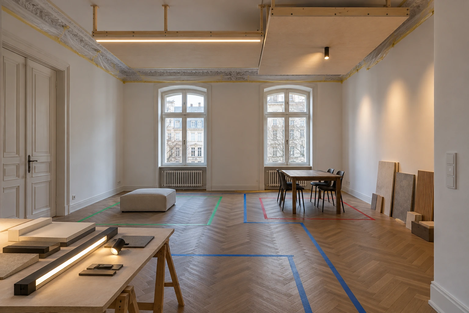 Altbauraum mit Deckenhöhen-Mock-ups, Testleuchten, Materialmustern und markierten Nutzungszonen