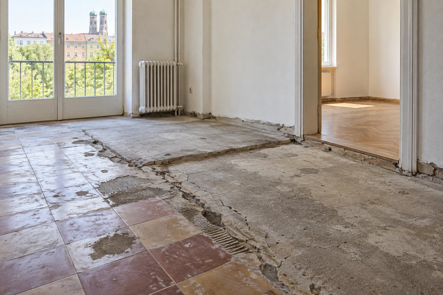 Hypothetischer Wohnungsbestand mit Mischbelägen, Rissen und erhaltenem Parkett vor dem Spachtelboden