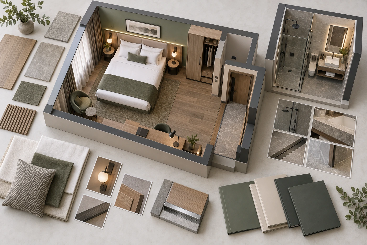 Hotelmusterzimmermodell mit Bad, Anschlussdetails, Materialmustern und leeren Freigabemappen