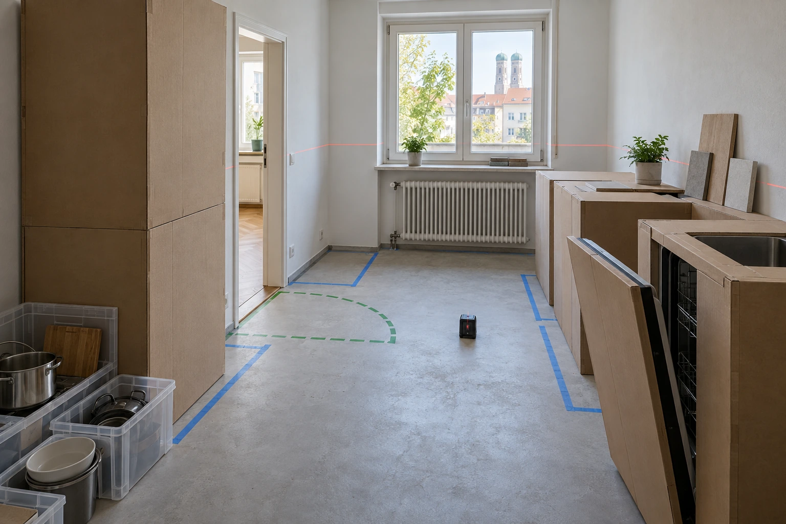 Küchenraum mit Aufmaß, markierten Schranktiefen, Türschwenkbereichen und maßstäblichen Karton-Mock-ups
