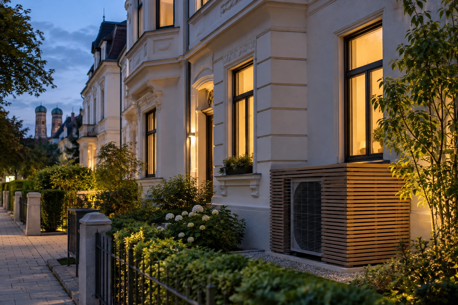 Energetisch modernisierter Altbau mit unauffällig verkleideter Wärmepumpe am Abend