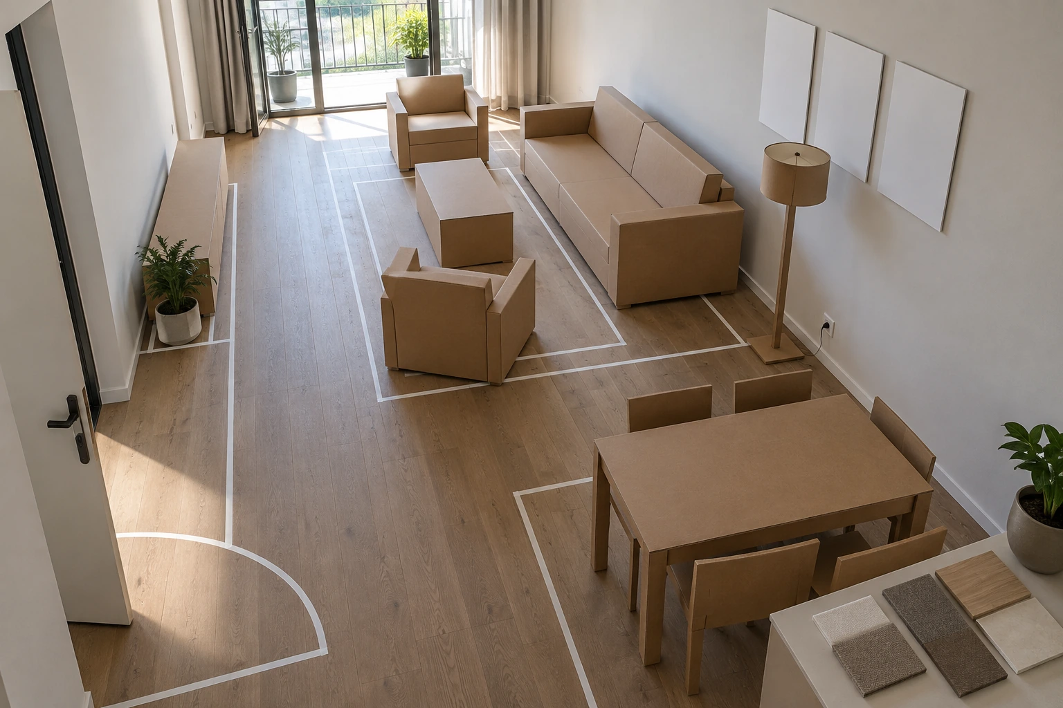 Schmales Wohnzimmer mit unbeschrifteten Möbelmodellen, markierten Flächen und freiem Weg zur Balkontür