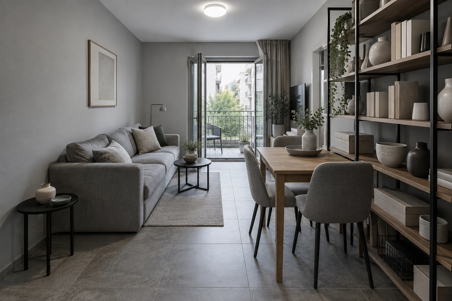 Kühles schmales Wohnzimmer mit Sofa an der Wand, kleinem Teppich, blockiertem Balkonweg und unruhigem Regal
