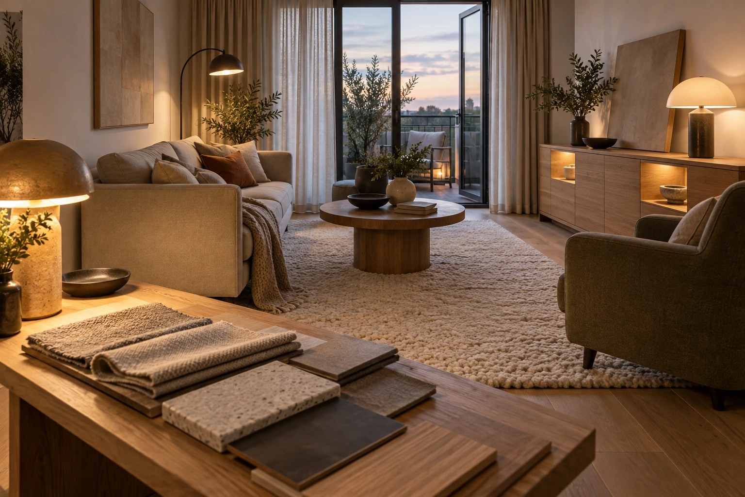 Schmales Wohnzimmer bei Abendbemusterung mit warmem Holz, Wollteppich, Textilien und mehreren Lichtquellen