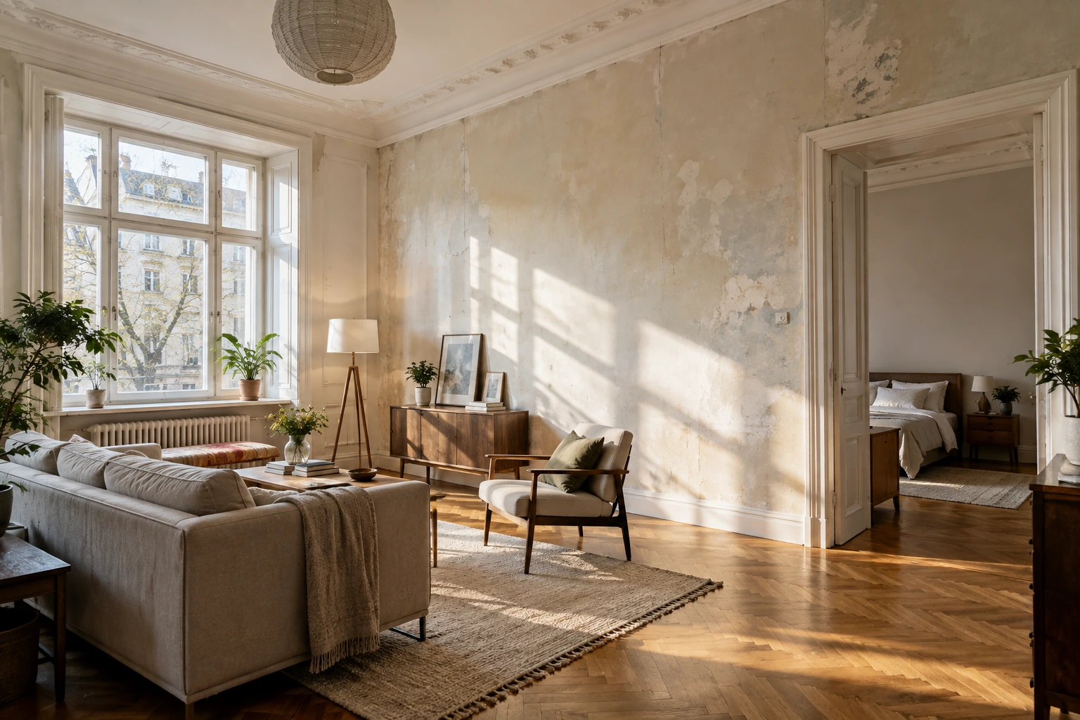 Hypothetischer bewohnter Wohnraum vor Malerarbeiten mit gruppierten Möbeln und unebener langer Wand im Streiflicht