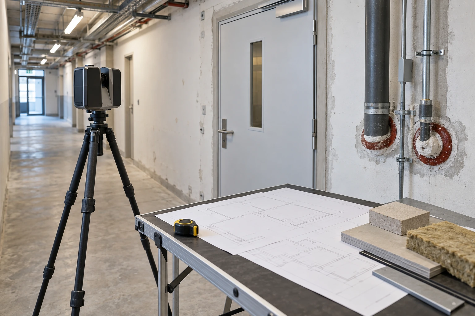 Vorbereitete Bestandsprüfung mit Laserscanner, neutralen Planunterlagen und Materialmustern