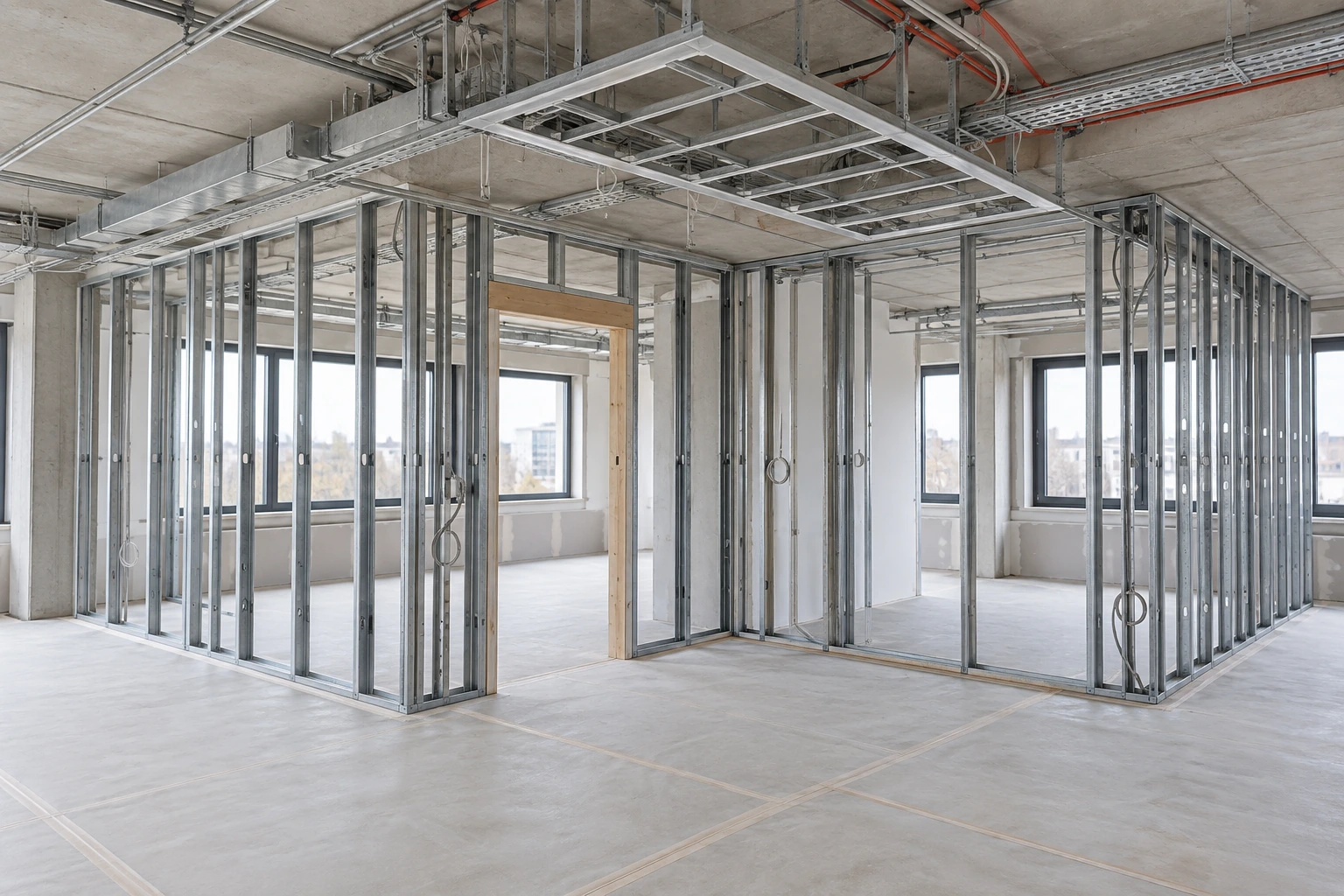 Büroausbau mit Metallständerwänden, Türöffnungen, Deckenrahmen und geordneten Leitungswegen