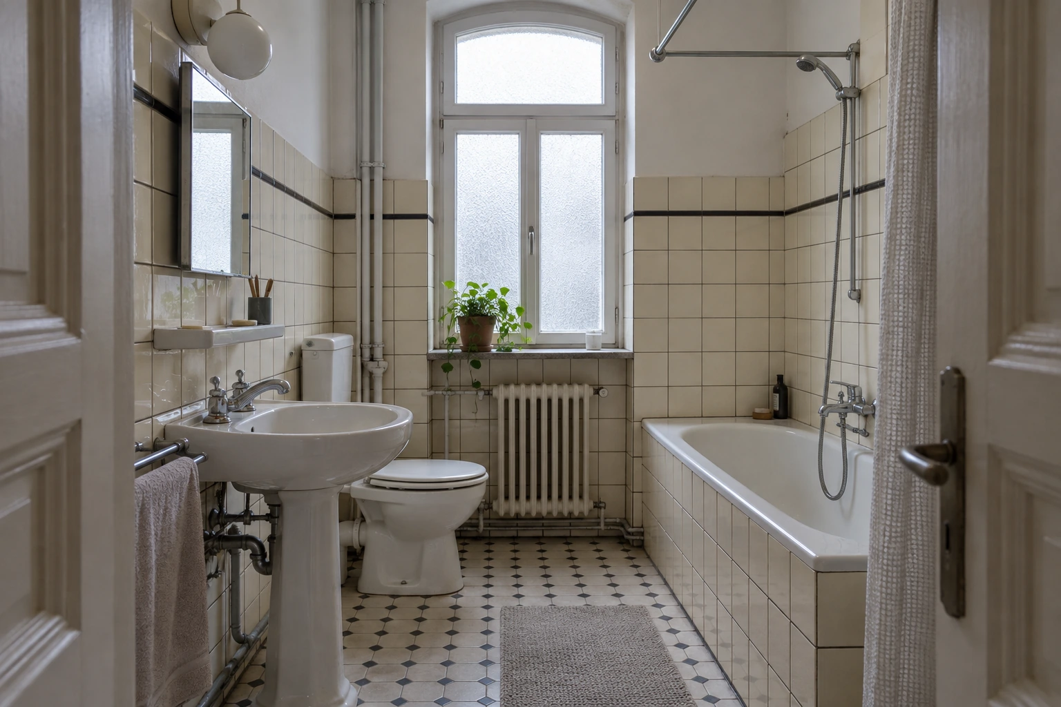 Älteres Münchner Bestandsbad mit Badewanne, Sockelwaschtisch, sichtbaren Leitungen und kleinteiligen Fliesen