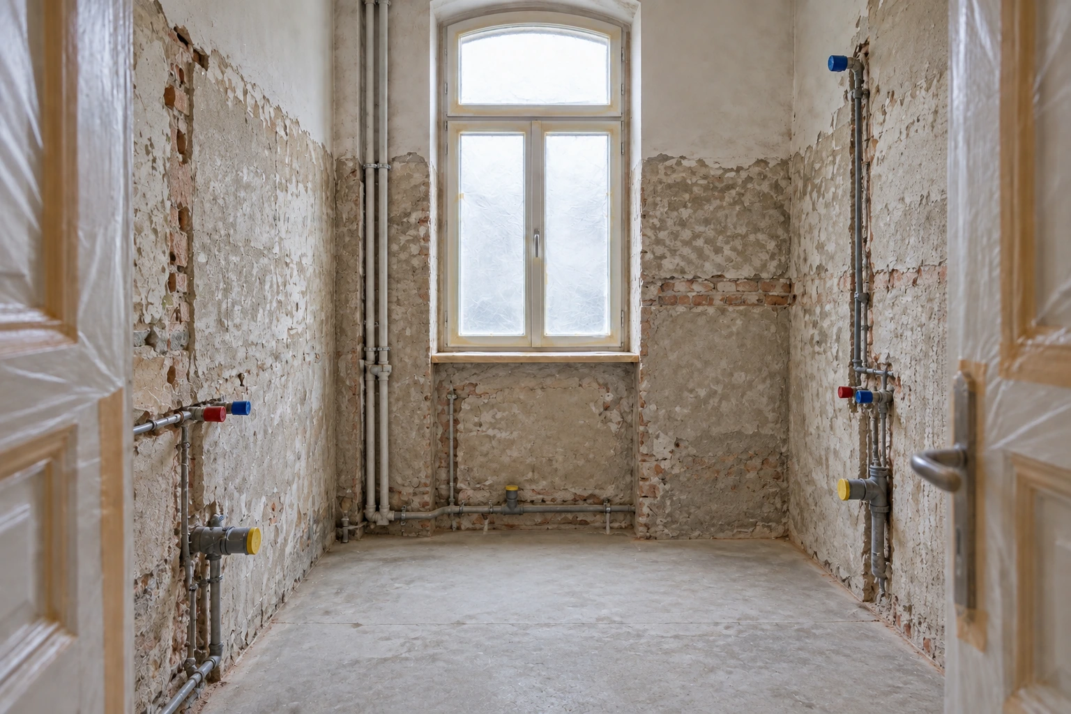 Kontrolliert zurückgebautes Bad mit freigelegtem Mauerwerk, geschütztem Fenster und vorbereiteten Anschlüssen