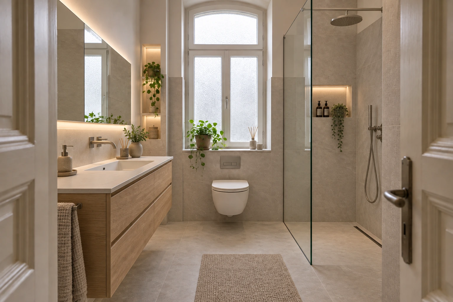 Fertig saniertes Bad mit schwebendem Waschtisch, wandhängendem WC und bodengleicher Glasdusche