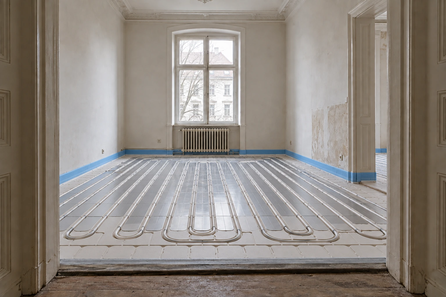 Vollständig verlegte Trockenbau-Heizfläche mit Systemplatten, Wärmeleitblechen und gleichmäßigen Rohrschleifen