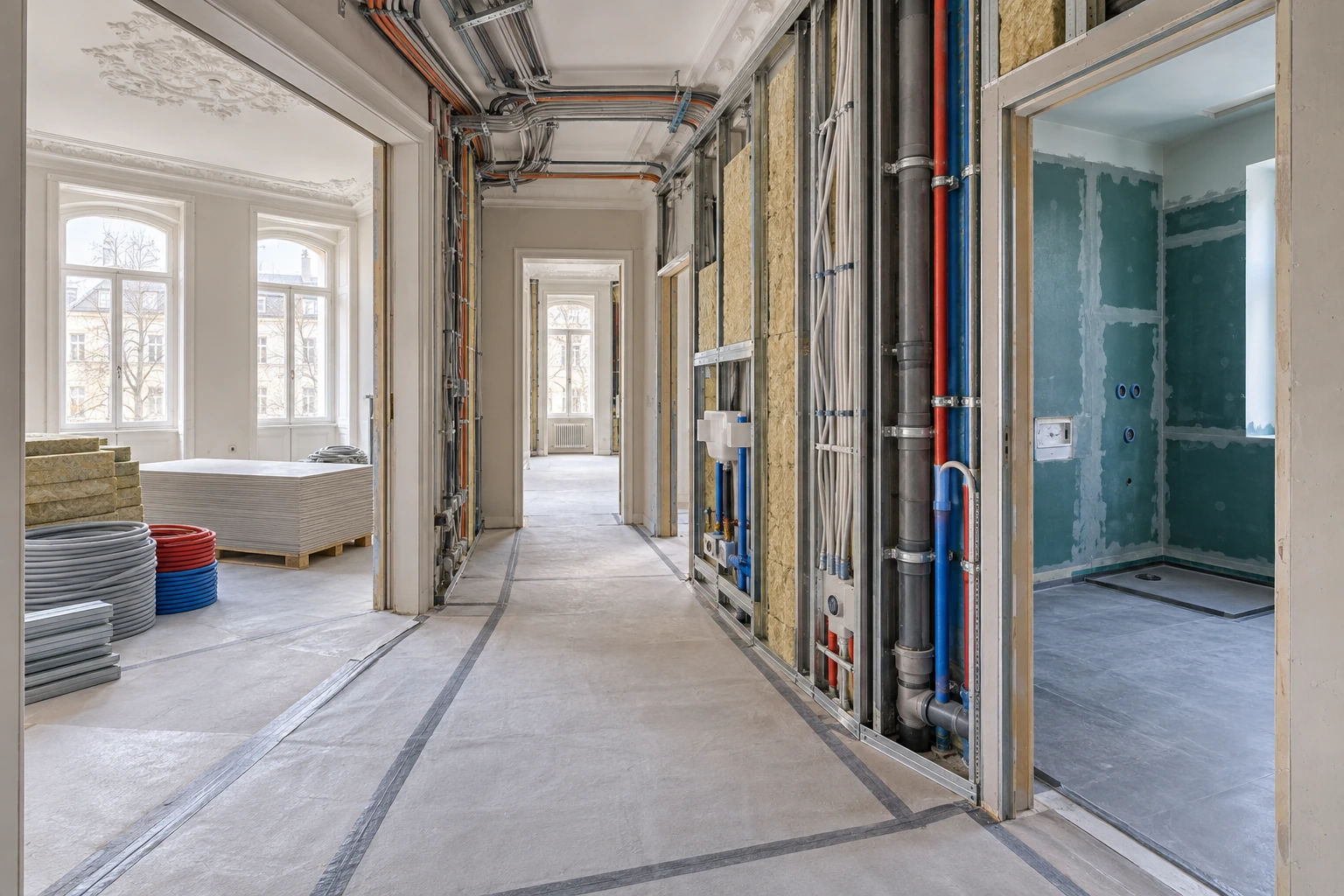 Koordinierte Rohinstallation mit Trockenbau, Elektro, Sanitär und vorbereitetem Bad in verbundenen Altbauräumen