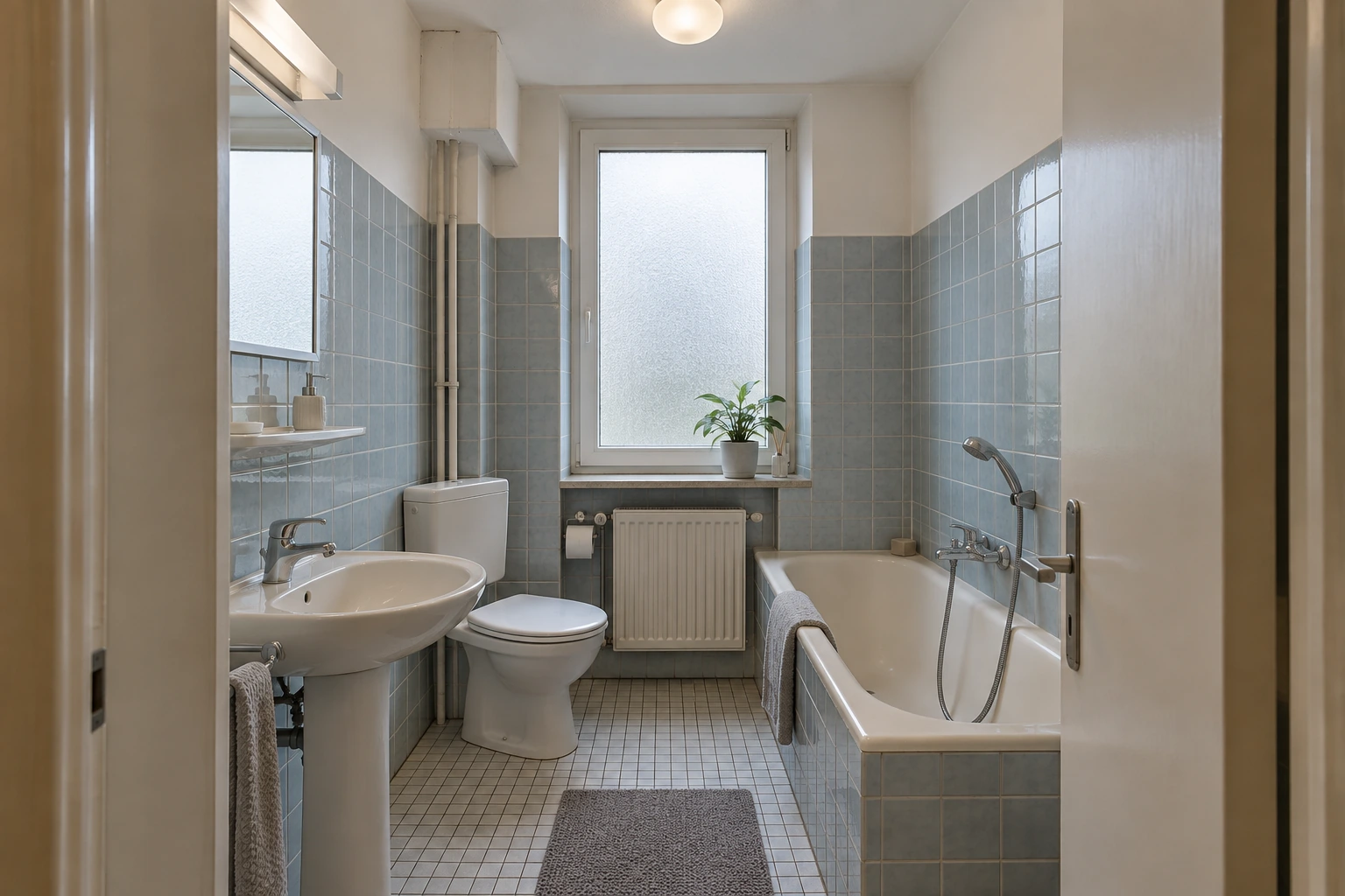 Schmales älteres Bestandsbad mit Badewanne, Sockelwaschtisch, Stand-WC und kleinteiligen blaugrauen Fliesen