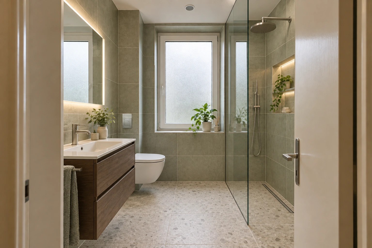 Fertig koordiniertes Bad mit salbeigrünen Fliesen, Terrazzo-Boden, Glasdusche und dunklem Eichenwaschtisch