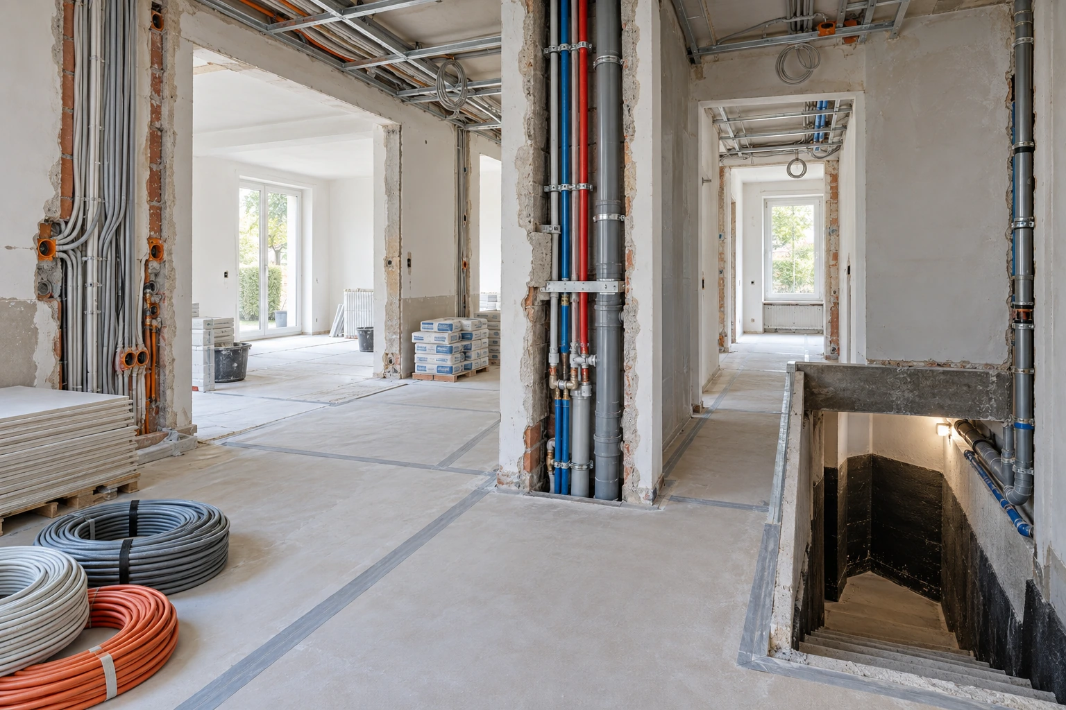 Illustrative technische Sanierungsphase mit erneuerten Elektro- und Sanitärwegen sowie geöffneten Installationszonen