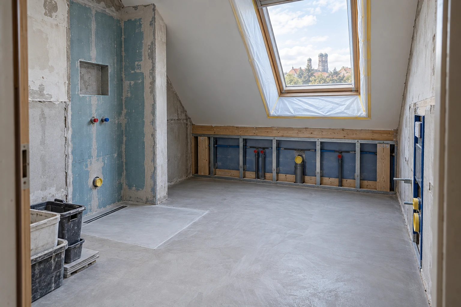 Zurückgebautes Dachbad mit geschütztem Dachfenster, neuen Leitungswegen und vorbereitetem Duschbereich