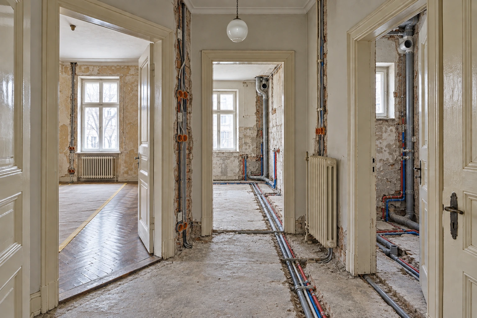 Kontrolliert zurückgebaute Wohnung mit geschütztem Parkett und sichtbaren Leitungswegen zwischen den Räumen
